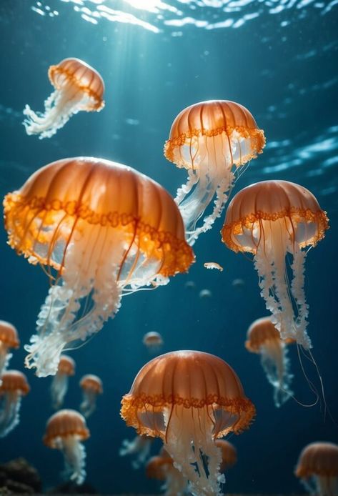 Orange jellyfish swimming in blue ocean water Jelly Fish Pictures, Jellyfish Photography Underwater, Sea Life Pictures, Sea Life Photography, Jelly Fishes, Orange Jellyfish, Jellyfish Species, Chat Wallpaper, Beautiful Jellyfish