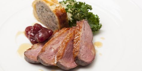 Goose Breast with Goose Leg Sausage Roll, Kale and Cranberry Relish Roast Goose Recipes, Christmas Main Course, Marcus Wareing, Goose Recipes, Christmas Main, Christmas Goose, Cranberry Relish, Great British Chefs, Hot Sausage