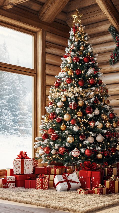 Cozy farmhouse Christmas scene with a tree decorated in red, white, and gold, surrounded by gifts and a snowy view outside. White And Gold Ornaments, Beige Christmas Tree, Cozy Farmhouse Christmas, Beige Christmas, Earthy Living Room, Farmhouse Christmas Decor Ideas, Frosted Christmas Tree, Christmas Tree Dress, Elegant Living Room Decor