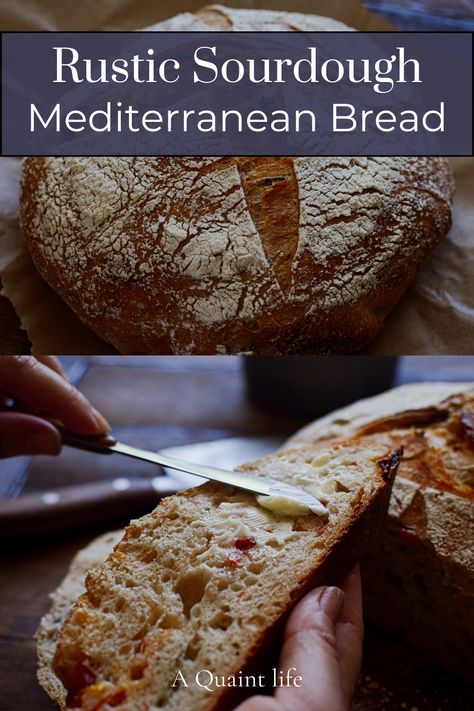 This sourdough Mediterranean bread is a flavor packed loaf filled with sun-dried tomatoes, fresh rosemary and Kalamata olives. Sicilian Bread Recipe, Kalamata Olive Bread, Sun Dried Tomato Bread, Mediterranean Bread, Easy Sourdough Bread Recipe, Tomato Bread, Olive Bread, Sourdough Baking, Sourdough Bread Recipe