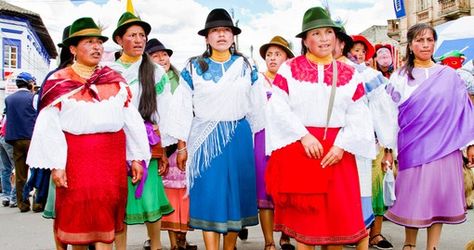 Ecuador,  indigenous women in traditional costume. Photo by Inti Raymi. Uruguay Culture, America Dress, World Thinking Day, World Fashion, Global Dress, Dress Attire, National Dress, Folk Dresses, American Country