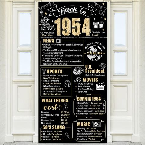 PRICES MAY VARY. [You Will Get] - Happy 70th birthday door banner decorations. 72.83x35.43inch. A great choice for your 70th birthday party decorations. It will enjoyed by all who attended. [Unique Design] - This “Back in 1954” door cover features with a classic vintage black gold design. 1954 historical events, large number "1954" can be seen and read by everyone, impressing you and your guests. [Applicable Scenes] - Great for your 70th birthday themed party decorations. It can be hung indoors 70 Birthday Party Themes For Men, Black And White 70th Birthday Party, 70th Birthday Party Decorations For Dad, 70th Birthday Decorations For Women, 70th Birthday Themes For Mom, 70th Birthday Party Ideas For Dad, 73 Birthday, 70th Birthday Party Ideas, 70th Birthday Banner