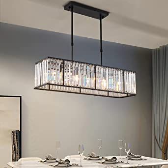 Rectangle Chandelier Dining Room, Rectangle Light Fixture, Black Dining Room Light Fixture, Crystal Chandelier Dining Room, Raindrop Chandelier, Dining Room Light Fixture, Villa Project, Rectangular Chandelier, Chandelier Black