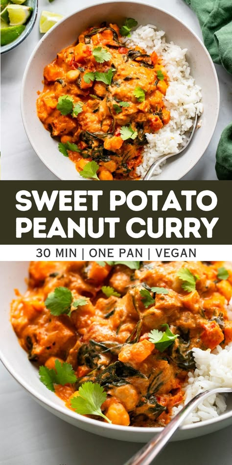 This simple but flavorful sweet potato peanut curry can be whipped up in just about 30 minutes with a few pantry staples like sweet potatoes, peanut butter, coconut milk and chickpeas. Serve over rice for a satisfying easy vegan dinner option. Red Sweet Potato, Sweet Potato Chickpea Curry, Sweet Potato Peanut Butter, Peanut Butter Curry, Potato Curry Recipe, Thai Red Curry Paste, Peanut Curry, Easy Sweet Potato, Sweet Potato Curry