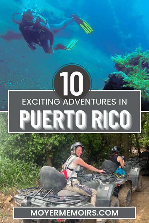 scuba diver in the blue water and lady on an ATV in the rainforest of Puerto Rico Puerto Rico Itinerary, Adventurous Activities, Caribbean Life, Dream Holidays, El Yunque National Forest, Latin America Travel, Adventurous Things To Do, Travel Motivation, Heart Pumping