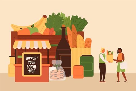 Support local business illustration concept | Free Vector Buy Local Illustration, Small Business Illustration, Market Economy Illustration, Market Place Illustration, Vegetable Market Illustration, Sustainable Shop, Free Money Hack, Empty State, Support Local Farmers