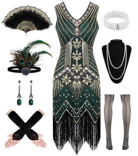 PRICES MAY VARY. Dress 20s Women's Set Packaging: 1 x sequin dress, 1 x lace fan, 1 x feather headband, 1 x long satin glove, 1 x pearl chain, 1 earring, 1 pearl bracelet, 1 x fishnet socks. The beautiful and exquisite decorations also contain popular elements of the time, such as tassels and beads, making these dresses of high quality and essential clothing for the roaring 1920s. Retro accessories of the 1920s women: Eye-catching lace folding fan add the finishing touch to your party decoration 20s Fringe Dress, Popular Halloween Costumes 2024, Roaring 20s Outfits For Women, 1920s Aesthetic Gatsby, Speakeasy Outfit Women, Vintage Outfits 20s, 1920s Outfit Ideas, Mafia Costume, Tassel Dresses