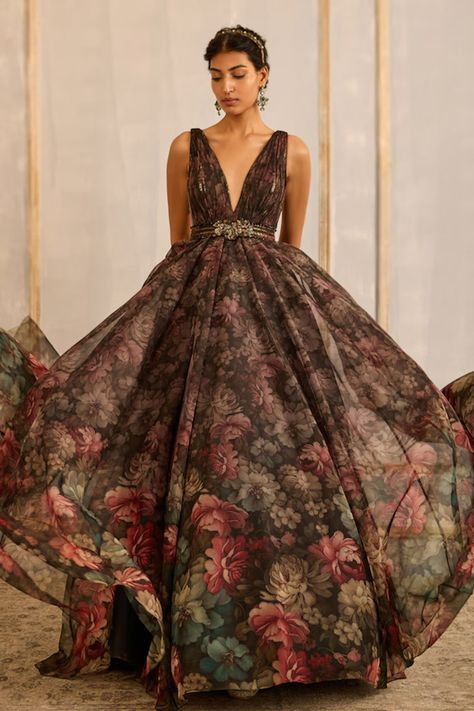 Buy Brown Organza Printed Vintage Garden Plunge V Neck Gown For Women by Cedar & Pine Online at Aza Fashions. Brown Gown Dress, V Neck Gown, Organza Gown, Party Wear Gowns, Long Frock Designs, Organza Gowns, Kameez Designs, Reception Gown, Gown For Women