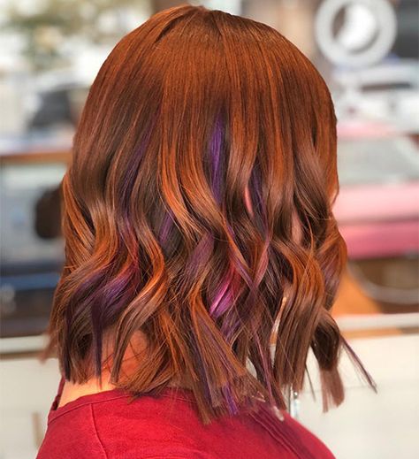 35 Captivating Peekaboo Highlights Red Peekaboo Highlights, Blonde Peekaboo Highlights, Red Purple Hair, Red Peekaboo, Red Violet Hair, Hidden Hair Color, Purple Hair Highlights, Red Hair With Highlights, Peekaboo Highlights