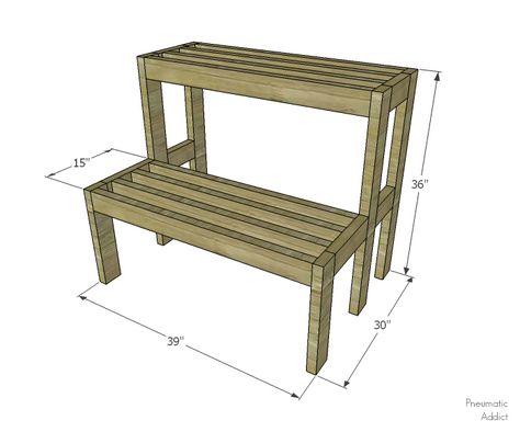 Learn how to build an outdoor tiered display shelf, with FREE building plans. Perfect to display holiday decor or to use year-round. Tiered Display, Free Building Plans, Plant Stands Outdoor, Diy Plant Stand, Woodworking Table, Wooden Bench, Outdoor Wood, Display Shelf, Plant Shelves