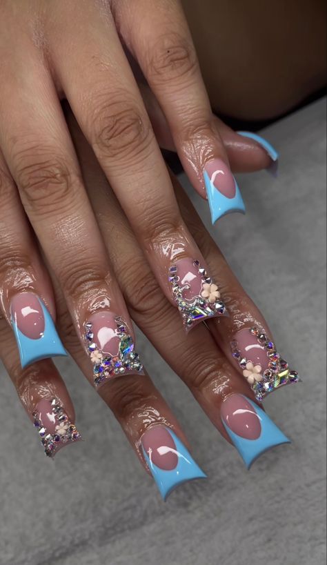 Cute Duck Nail Ideas, Rhinestone Duck Nails, Baby Blue Duck Nails, Light Blue Duck Nails, Short Duckie Nails, Blue Duck Nails, Acrylic Duck Nails, Duck Acrylic Nails, Summer Nails Black Women