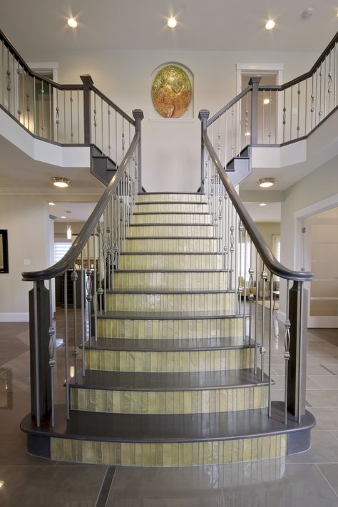 Split Stairs, Bifurcated Staircase, Center Staircase, Split Staircase, Exterior Handrail, Exterior Sliding Barn Doors, Grand Stairway, Iron Spindles, Double Staircase