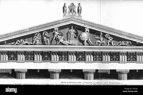 Download this stock image: architecture, ancient world, Greece, western pediment of the Temple of Aphea, Aegina, gable figures, combat between Greeks and Trojans for the dead body of Achilleus, circa 500 - 480 BC, reconstruction, wood engraving, 19th century, Aeginetans, Trojan, Trojans, goddess Pallas Athene, Greek mythology, legend, saga, legends, sagas, Troy, Trojan war, hero, heroes, gable, gables, pediments, roof, roofs, 5th century BC, historic, historical, Additional-Rights-Clearance-Info Troy Trojans, Architecture Ancient, Interior Decorator, Ancient World, Wood Engraving, The Temple, Greek Mythology, The Dead, 19th Century