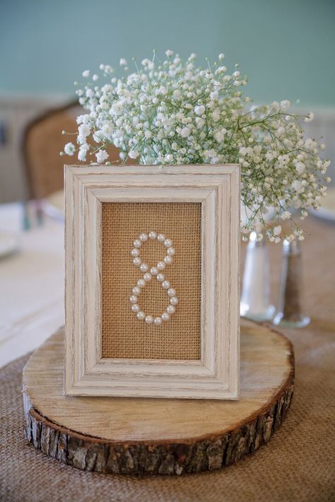 Pearls At Wedding, Pearl Anniversary Decorations, Pearl Wedding Decorations Receptions, Pearl Wedding Anniversary Decorations, Gold And Pearl Wedding Decor, Pearl Table Numbers, Pearl Anniversary Party Decoration, Frames On Table, Pearl Wedding Ideas