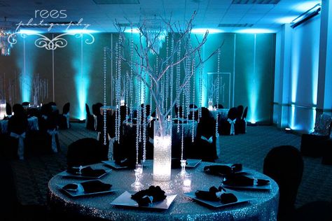 Found on Bing from www.brendasweddingblog.com Diy Uplighting, Centerpieces Blue, Teal Blue Weddings, Uplighting Wedding, Blue Wedding Centerpieces, Wedding Reception Lighting, Wedding Reception Ideas, Wedding Reception Centerpieces, Reception Centerpieces