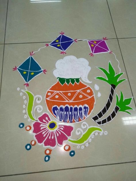 Easy Pongal Rangoli, Rangoli For Sankranti With Dots, Bhogi Rangoli Designs Simple, Rangoli Designs For Bhogi, Simple Pongal Rangoli Designs, Pongal Muggulu Rangoli Designs, Pongal Rangoli Design Dots, Sankranti Rangoli Designs Easy, Pongal Rangoli Design Beautiful