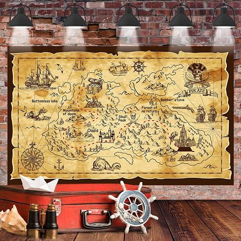 Pirate Treasure Map Backdrop Background Island Treasure Map Banner Nautical Wall Tapestry Hanging Decoration for Treasure Hunt Theme Party Birthday Party Home Playroom Background(180 * 110cm) : Amazon.ca: Toys & Games Map Backdrop, Pirate Photo Booth, Map Banner, Pirate Party Decorations, Pirate Photo, Pirate Treasure Maps, Backdrops Kids, Room Tapestry, Treasure Map