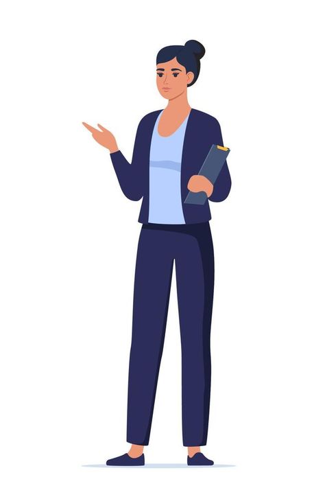 Woman introduce, show and present something. Business speaker standing with clipboard and pointing direction, gesturing with arm. Female presenter. Vector illustration. Business Woman Illustration, Speaker Stands, Woman Illustration, Vector Portrait, Motion Graphic, Woman Standing, Clipboard, Illustration Vector, Graphic Design Illustration