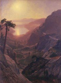 View of Donner Lake, California Albert Bierstadt Paintings, Donner Lake, Albert Bierstadt, Sunrise Landscape, Hudson River School, Theme Nature, Lake Painting, California Landscape, Oil Painting Reproductions