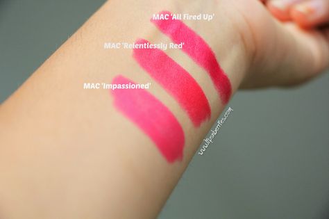 Difference between MAC impassioned, relentlessly Red and All Fired up Relentlessly Red Mac, Paintbox Spring, Mac Relentlessly Red, Mac All Fired Up, 3ce Makeup, Foundation Swatches, Best Red Lipstick, Mac Lipsticks, Casual Makeup