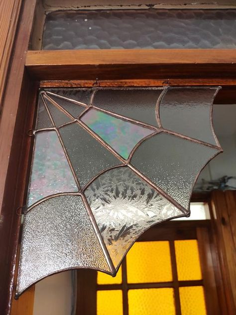 Stained glass spider web panel & ornament for home decor and the Halloween. Sustainable Diy Projects, Stained Glass Spider Web, Stained Glass Spider, Window Corner, Web Panel, Sustainable Diy, Glass Spider, Stair Makeover, Glass Mosaic Art