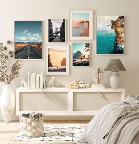 Travel Pictures Wall, Coastal Canvas Wall Art, Travel Collage Wall, Travel Wall Collage, Canvas Wall Collage, Beach Collage, Gallery Wall Printables, Wall Layout, Forest Poster