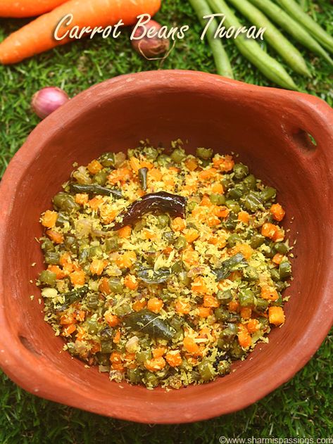 Kerala style carrot beans thoran recipe Thoran Recipe, Green Chilli, Coconut Curry, Red Chilli, Curry Leaves, Curries, Food Food, Stir Fry, Kerala