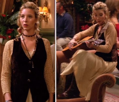 Friends Outfits. Phoebe Buffay. Season 1, Episode 10. Cream long dress with chiffony skirt, lace arms and 3/4 length sleeves. Worn with a brown velvet waitcoat, brown lace up boots, a choker necklace and long, beaded necklace. Phoebe Season 1 Outfits, Phoebe Buffay Iconic Outfits, Phoebe Buffay Clothes, Friends Outfits Phoebe Buffay, Pheobe Friends Outfits, Friends Outfits 90s Phoebe, Phoebe Buffay Outfits Season 1, Pheobe Outfits Friends, Friends Outfits Phoebe