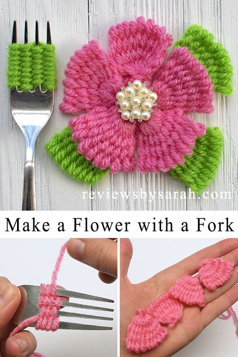 How to Make a Flower with a Fork and a Common Weaving Technique Origami Rose Flower, Quick Crochet Projects, Yarn Flowers, Crochet Leaves, Finger Knitting, Hand Embroidery Flowers, Crochet Magazine, Crochet Flower Patterns, Ribbon Embroidery