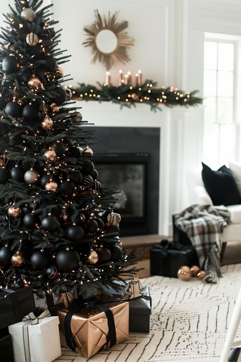 Choose a theme for your tree, such as vintage, metallic, or a color scheme (e.g., red and gold). Use matching ornaments, ribbons, and a coordinated tree topper for a polished look. White Silver And Black Christmas Tree, Christmas Tree Gold And Silver Ornaments, Christmas Black And Gold Decorations, Black Ribbon On Christmas Tree, Black Themed Christmas Trees, Color Theme Christmas Tree, Red Black And Gold Christmas Tree, Black Tree Decorating Ideas, Green Black Christmas Tree