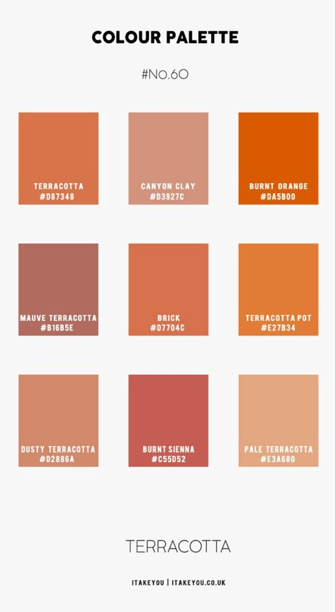 Terracotta Colour Palette Wedding, Terracotta Color Palette Hex Code, Terracotta Hex Code, Orange Terracotta Color Palettes, Itakeyou Wedding, Terracotta Pantone, Terracotta Color Palette Wedding, Amber Color Palette, Terracotta Colour Palette