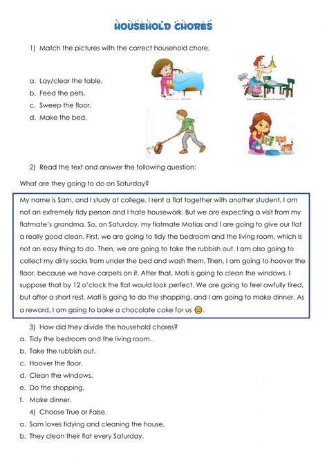 House Chores, English File, Comprehension Worksheets, Reading Comprehension Activities, Household Chores, Reading Comprehension Worksheets, English Activities, Comprehension Activities, School Subjects