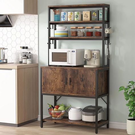 【5-Tier Industrial Bakers Rack】: Combining sophistication with a rustic appeal, this kitchen baker's rack will bring a touch of industrial inspiration to your space. With compact vertical design, this kitchen stand allows you to access plenty of storage space without taking up too much room. As pretty as practical, thi Industrial Cozy, Microwave Rack, Kitchen Bakers Rack, Kitchen Utility Cart, Microwave Shelf, Coffee Station Kitchen, Wine Glass Storage, Baker's Rack, Kitchen Goals