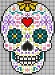 Sugar Skull Lapgan – doitMegself Skull Bead Pattern, Cross Stitch Skull, Beadwork Tutorial, Art Perle, Halloween Cross Stitch Patterns, Pixel Crochet, Halloween Crochet Patterns, Halloween Cross Stitches, Pixel Pattern