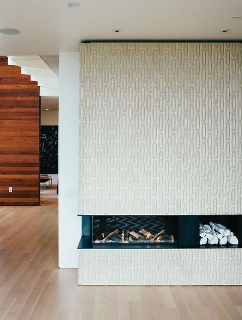 Modern renovation in San Francisco with heath ceramics tiles on the low-slung fireplace and oak floor Heath Ceramics Tile Fireplace, Mid Century Fireplace Tile, Modern Tile Fireplace, Interior Fireplace, Heath Tile, Fireplace Modern, Modern Renovation, Heath Ceramics, Modern Tiles