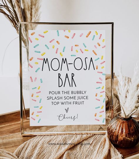 "Editable Baby Sprinkle Mom-osa Bar Sign. It's an EDITABLE INSTANT DOWNLOAD file; You can access your template directly from your browser using CORJL. No need to install software or download fonts. All text is fully editable. ✅ FREE DEMO Copy and paste the URL below to demo: https://www.corjl.com/d/3K5ABL MATCHING ITEMS CAN BE FOUND HERE: https://etsy.me/3vIIHca ⬇️TRY THE DEMO BEFORE PURCHASE 👍INSTANT ACCESS ✅PRINT WHERE YOU WANT 👍EDIT MOST WORDING/FONTS/COLORS -------------------------------- Baby Sprinkle Decorations Girl, Sprinkle Themed Baby Shower Ideas, Spring Sprinkle Shower Ideas, Sprinkles Baby Shower Ideas, Baby Sprinkle Centerpieces, Baby Shower Sprinkle Theme, Sprinkle Themed Baby Sprinkle, Baby Sprinkle Girl Theme, Sprinkle Shower Ideas Girl