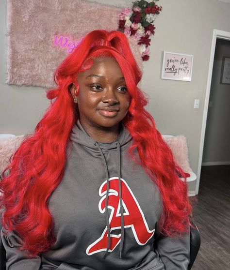 Red Frontal Wig Hairstyles, Red Half Up Half Down Weave, Half Up Half Down Frontal Wig, Half Up Half Down Lace Front Wig, Red Quick Weave, Red Frontal, Dolly Hair, Red Weave Hairstyles, Lacefront Wig