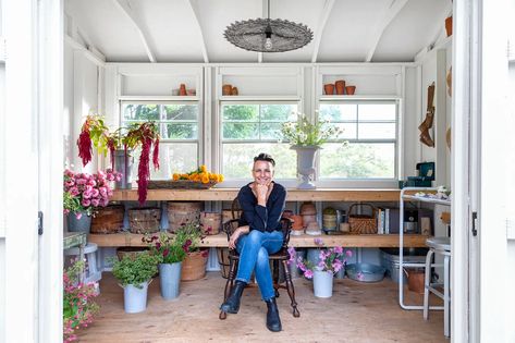 This Port Dover Georgian House Is a Flower-Filled Retreat | domino Potting Shed Interior Ideas, Timber Frame Shed, Potting Ideas, Potting Plants, Garden Shed Interiors, Slow Flower, Shed Interior, Georgian House, Standing Seam Metal Roof