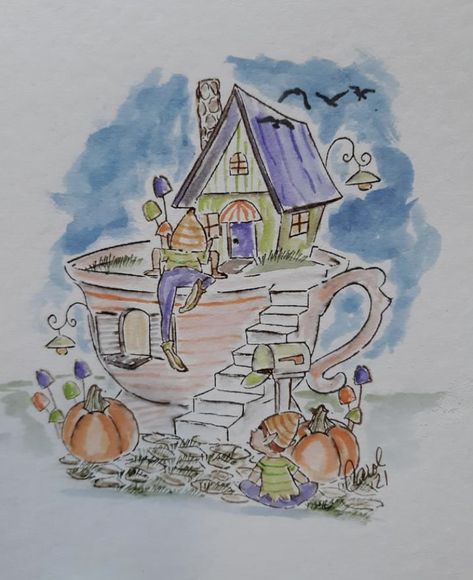 Watercolor Whimsy, House Drawings, Tiny Worlds, Watercolor Stamps, Art Impressions Stamps, Watercolor Ideas, Tiny World, Art Impressions, House Drawing