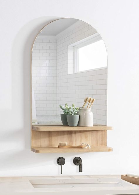 scandinavian bathroom vanity mirror with arched top and open storage shelves light wood finish nordic bath vanity mirror for sale online | Interior Design Ideas Ruangan Studio, Bathroom Mirror With Shelf, Wall Mirror With Shelf, Bath Mirror, Into The Wood, Shelf Lighting, Arch Mirror, Wood Wall Mirror, Mirror With Shelf