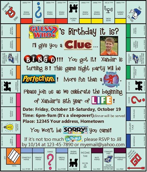 Game Night Birthday Party Invitations, Bingo Themed Party Ideas Game Night, Board Game Birthday Party Invitations, Board Game Party Invitation, Board Game Theme Birthday Party, Board Game Birthday Party Ideas, Board Game Party Theme, Board Game Birthday Party, Monopoly Birthday