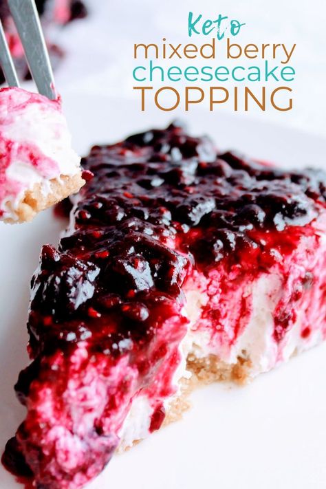 This sugar free keto mixed berry topping is perfect for cheesecakes, but you can also use it for pancakes, ice cream, yogurt, waffles, and lots of other delicious dishes! Keen for Keto | low carb mixed berry sauce for cheesecake | triple berry topping | keto cheesecake toppings | keto dessert Berry Sauce For Cheesecake, Sauce For Cheesecake, Mixed Berry Sauce, Yogurt Waffles, Berry Topping, Salsa Morita, Ice Cream Yogurt, Cheesecake Toppings, Low Carb Low Fat Recipes