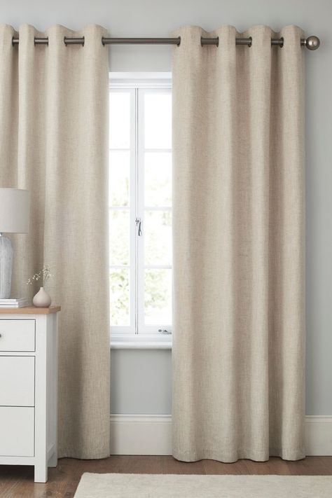 A natural addition to your room, these linen look curtains will create an airy effect even when drawn. Simple silver brushed eyelets make them easy to pair with your existing or chosen curtain pole. Dry clean only. 2 x Curtains Main 95% Polyester, 5% Linen. Lining 100% Polyester. Neutral Bedroom Curtains, Pink Blackout Curtains, Neutral Curtains, Cream Curtains, Blackout Curtains Bedroom, Beige Curtains, Plain Curtains, Eyelet Curtains, Neutral Living Room