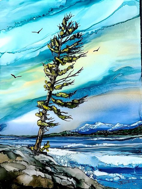 Alcohol Ink Art Landscapes, Alcohol Ink Trees, Alcohol Ink Landscape, Sandblasting Ideas, Alcohol Ink On Ceramic, Ink Video, Art Rubric, Alcohol Ink Tiles, Alcohol Art