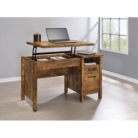 Coaster Furniture Delwin Antique Nutmeg Lift Top Office Desk - Bed Bath & Beyond - 32247784 Desk With File Cabinet, Rustic Office Desk, Standing Office, Black Writing Desk, File Cabinet Desk, Standing Desk Office, Lifting Platform, Rustic Office, Small Shelf