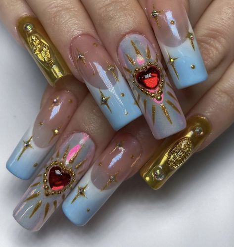 Simply Nails Ideas, Nails With Red Gems, Gold And Blue Nails, Blue And Red Nails, Blue And Gold Nails, Red Nails Ideas, Nails Fancy, Nails With Red, Red Gems