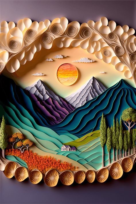 Relief Sculpture Paper, Paper Quilling Mountains, Quilling Landscape Art, Quilling Mountains, Quilling Sunset, Paper Quilling Landscape, Moon Quilling, Quilling Scenery, Quilled Landscape