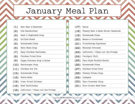 Happy New Year!! I’m sharing a quick monthly meal plan with you, hoping it gives a little inspiration if you need new ideas for your meal plan this month! We usually keep breakfast the same from week to week, but I think we’re going to switch things up on Fridays and have pancakes (instead of muffins like we’ve had for a long time!). Monday: Oatmeal Tuesday: Scrambled Eggs (with toast or in burritos) Wednesday: Homemade Granola with Yogurt Thursday: Oatmeal Friday: Pancakes Saturday: Cereal Su January Meal Plan, Monthly Meal Plan, Pizza Pasta Bake, Beans And Cornbread, Navy Bean Soup, Cheesy Potato Soup, Monthly Menu, Meal Planning Menus, Easy Chicken Parmesan