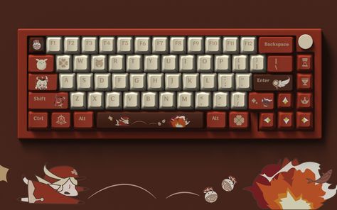 This set of warm, vibrant red keyboards is based on Klee's hair, clothes and accessories.Clover，Dodoco，Jumpy Dumpty and ”If the hills burn, Klee will be done for!”。This is all my terasuies!We Hope Boom Boom reminds you of the happy Little Sparks.😋 designed by @aihey studio A Genshin Impact fan-made merchandise. Jumpy Dumpty, Red Keyboard, Sparks Design, Keycap Set, Boom Boom, Game Room Design, Hair Clothes, The Hills, Clothes And Accessories