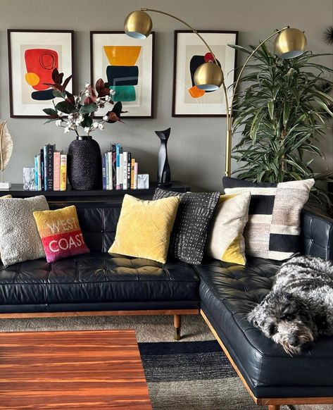 Black Leather Couch Living Room, Yellow Toilet, Black Sofa Living Room Decor, Black Sofa Living Room, Black Leather Couch, Masculine Living Rooms, Grey Walls Living Room, San Francisco Apartment, Vintage Toilet